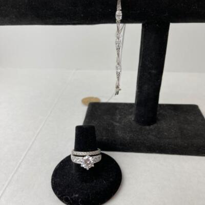 K718 Sterling Silver 3pc Diamonique  Set Bracelet and Ring Set