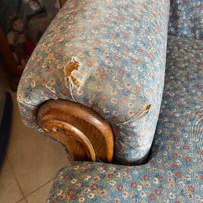 Vintage Blue Floral Oak Trim Couch 