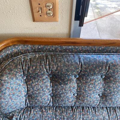 Vintage Blue Floral Oak Trim Couch 