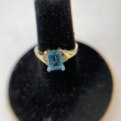 K720 14k Yellow Gold Emerald Cut Blue Topaz & Diamond Ladies Ring