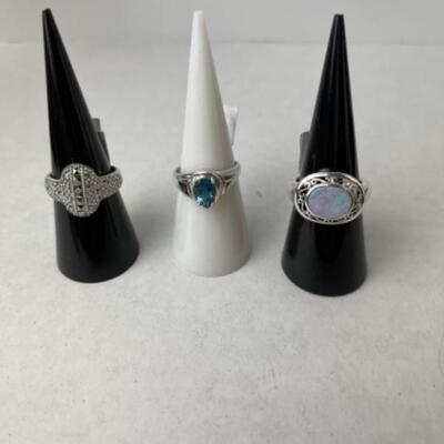 K731 Set of 3 Sterling Silver Opal, Topaz, Marcasite 