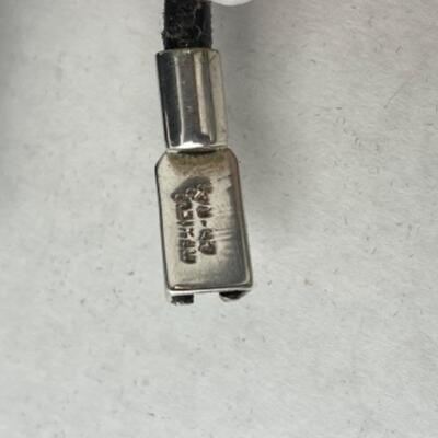 K732 Sterling Silver Leather Necklace with Onyx Clip Earrings 