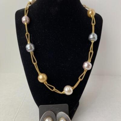 K735 Sterling Mabe Pearl Necklace, Earrings, Bracelet 