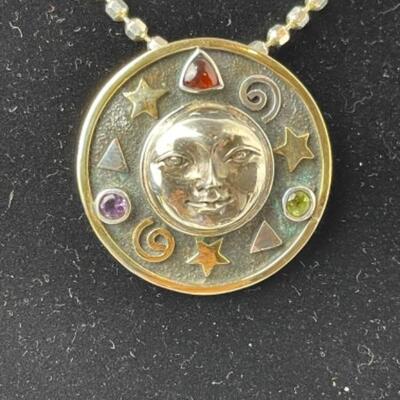 K736 Sterling 14k Yellow Gold Moon face Necklace Earring Set
