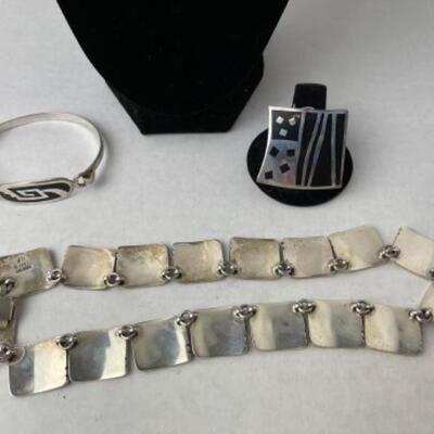 K741 Sterling TAXCO Mexican Necklace with Pin and Bracelet 