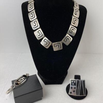 K741 Sterling TAXCO Mexican Necklace with Pin and Bracelet 