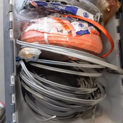 lot 257 - Bin of assorted electrical parts, cable as shown