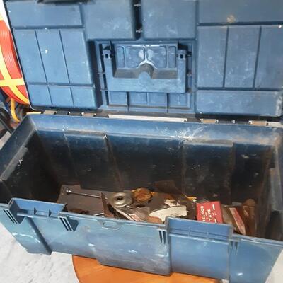 lot 258 - Tool box of assorted parts and tools as shown, including Transformer, Ratchet driver, safety glasses, dual capacitor, tape...