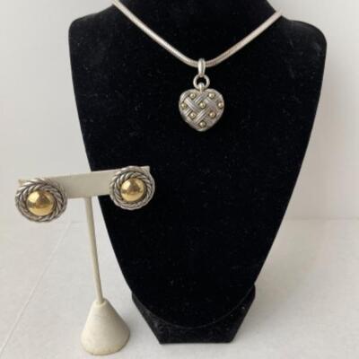 K743 Sterling 18k, 14k Ann King Basketweave Heart Pendant and Earrings 