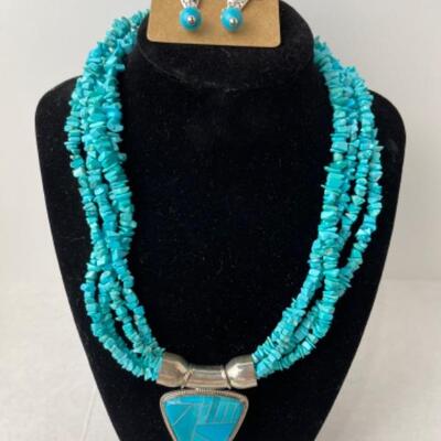 K745 Silver Turquoise Necklace and Earrings Set 