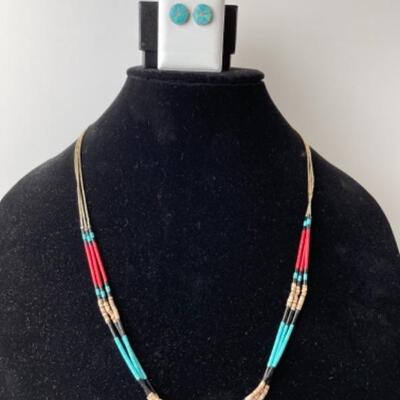 K749 Sterling Silver Turquoise, Coral, Black Onyx Necklace Earring Set 