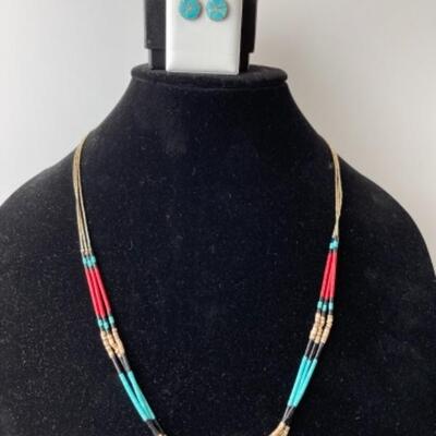 K749 Sterling Silver Turquoise, Coral, Black Onyx Necklace Earring Set 
