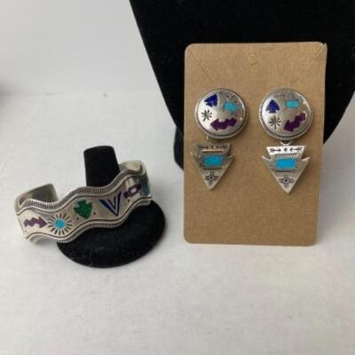 K752 Sterling Carolyn Pollack Inlay Earrings/ Cuff  