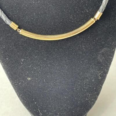 K755 14k Yellow Gold Braided Leather Necklace with Goldtone Earrings 