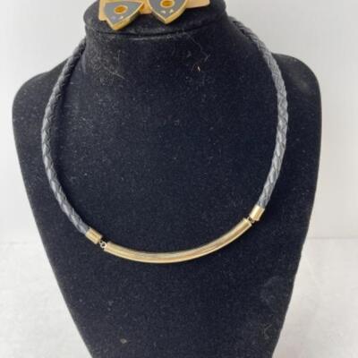 K755 14k Yellow Gold Braided Leather Necklace with Goldtone Earrings 