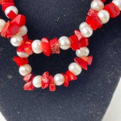K756 Sterling Coral,Pearl Necklace and Earrings 