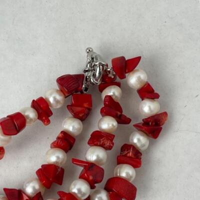 K756 Sterling Coral,Pearl Necklace and Earrings 