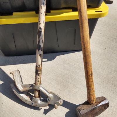 lot 281 - 2 Heavy duty gray bins, sledge hammers, conduit bender tool, etc.