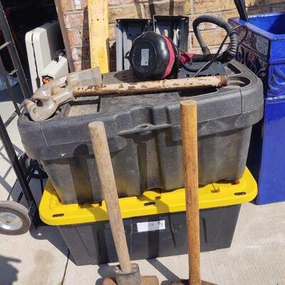 lot 281 - 2 Heavy duty gray bins, sledge hammers, conduit bender tool, etc.