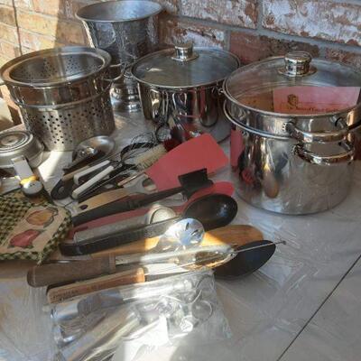 lot 301 - Orange bin of nice stainless seafood cooker pots and pans, utensils, etc.