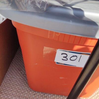 lot 301 - Orange bin of nice stainless seafood cooker pots and pans, utensils, etc.