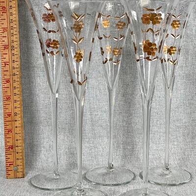 Vintage Crystal Champagne Flutes Stemware glass set of 5, Bohemian style hand-painted gold flowers