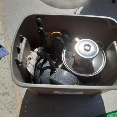 lot 305 - Bin of Dishes, pots and pans