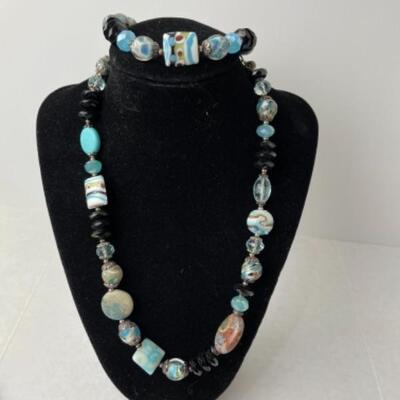 K757 Silver tone Blue Stone and Bead Necklace Earring Set by Dream Heart 