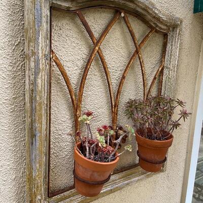 Rustic Patio Garden Wall Art with 2 potted succulents 