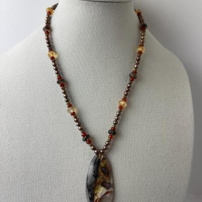 K759 New Gold Vermeil Jasper, Pearl 22â€ Necklace w/ 925 Earrings 