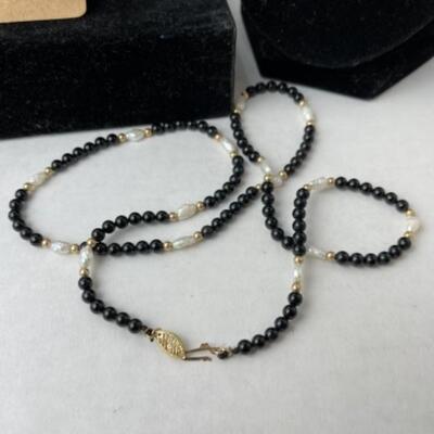 K763 Sterling 14k Black Onyx Pearl Earrings and Necklace Set 