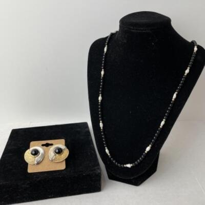 K763 Sterling 14k Black Onyx Pearl Earrings and Necklace Set 