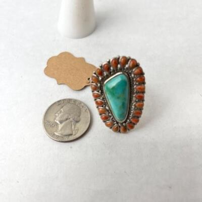 K765 Sterling Turquoise and Coral Ring by Barse