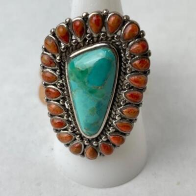 K765 Sterling Turquoise and Coral Ring by Barse
