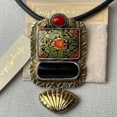 K768 14k Leather Handpainted Sterling Silver Necklace by Amy Kahn Russell 