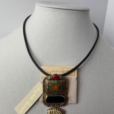 K768 14k Leather Handpainted Sterling Silver Necklace by Amy Kahn Russell 