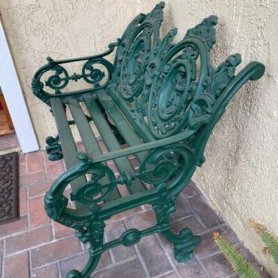 Green Cast Iron Figural Two Seater Wood Slat Bench