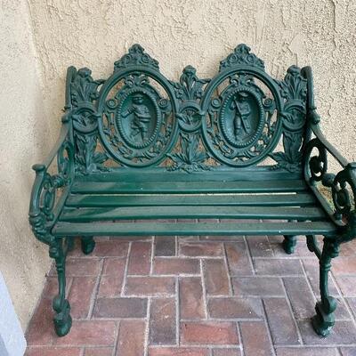 Green Cast Iron Figural Two Seater Wood Slat Bench