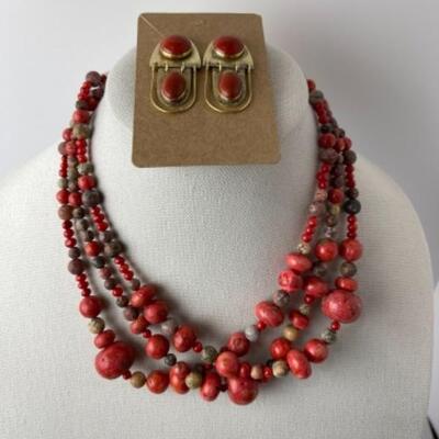 K770 Sterling 3 Strand Coral Necklace with Carnelian Earrings 