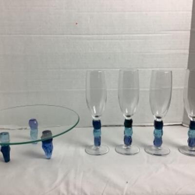 K - 907  Blue Glass Rock Stemware & Pedestal Serving Plate