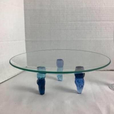 K - 907  Blue Glass Rock Stemware & Pedestal Serving Plate