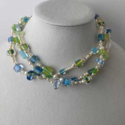 K778 Sterling Glass Bead , Pearl Necklace 