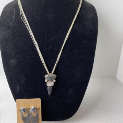 K783 Sterling Jasper Druzy Pearl Pin Pendant Necklace and Earrings Set