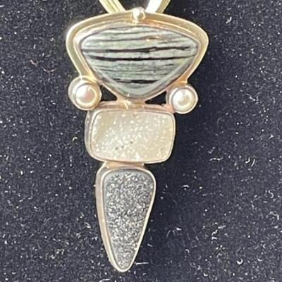 K783 Sterling Jasper Druzy Pearl Pin Pendant Necklace and Earrings Set