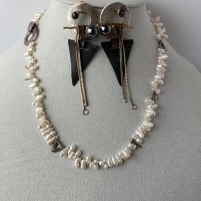 K787 Freshwater Pearl Necklace with Mixed Metal Artisan Earrings 