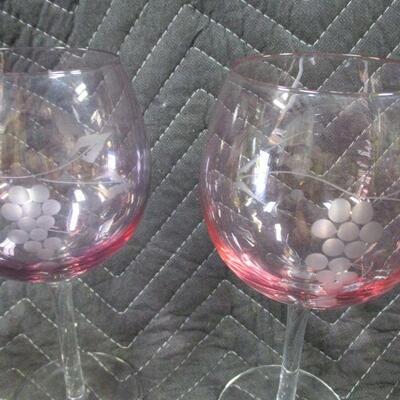 Lot 77 - Colorful Etched Grape On Vine Long Stem Wine Glasses
