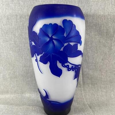 Cameo glass vase, opaque white and applied blue flower carvings and Dom or other cameo style vases