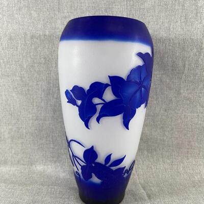 Cameo glass vase, opaque white and applied blue flower carvings and Dom or other cameo style vases