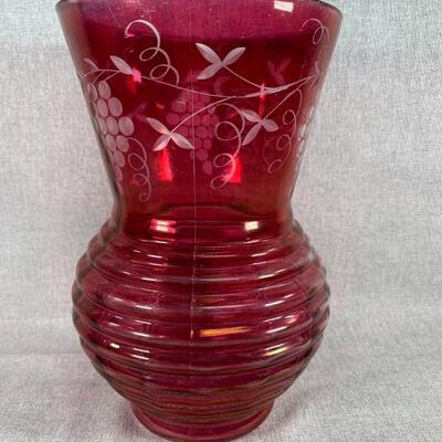 Antique cranberry glass vase, bohemian style etched glrapes and birds pattern