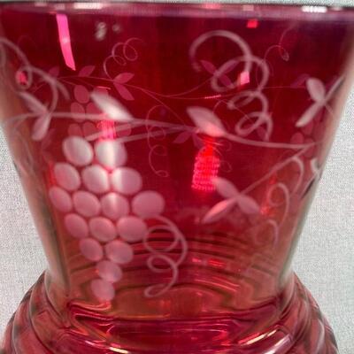 Antique cranberry glass vase, bohemian style etched glrapes and birds pattern